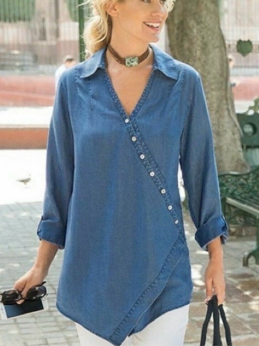 Soft Roundings Sz 1X Blue  Tercel Denim Asymmetrical Button Tunic Women’s